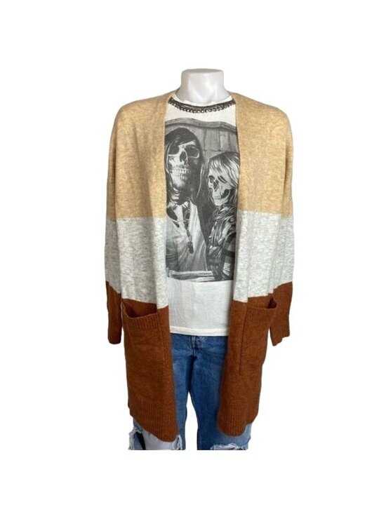 a new day Sweaters - A New Day Colorblock Open Front Cardigan XS Beige Gray Brown Pockets Lightweight